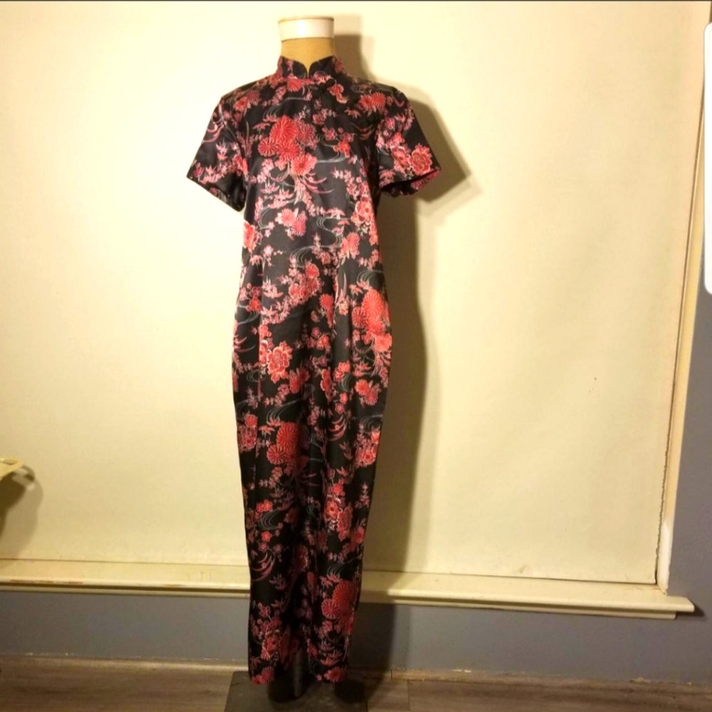 Y2K AGNB Byer California Brand Black & Red Cheongsam Floral Maxi Dress Size 12.